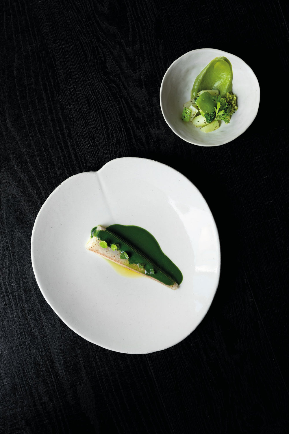 Assiette gastronomique minimaliste avec un plat à base de poisson nappé d'une sauce verte, accompagné d'un bol contenant une purée et des légumes verts, disposés de manière élégante sur une table sombre.