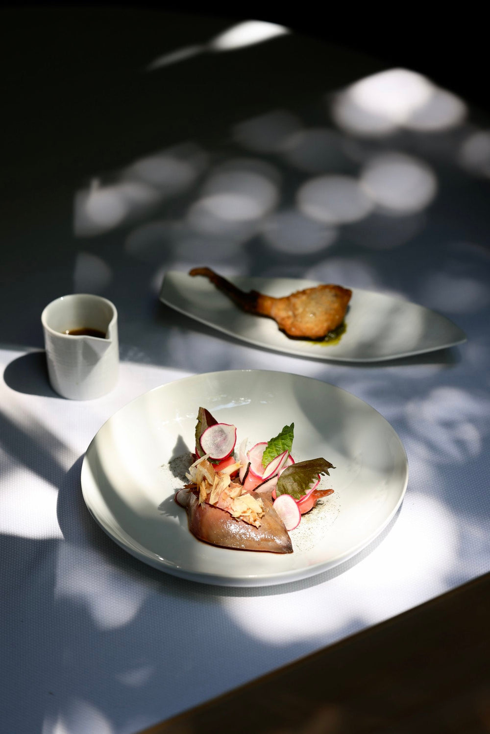 Plat raffiné avec légumes et viande, éclairé par des ombres d'arbres pour une présentation artistique.
