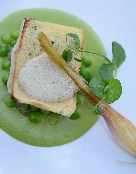 Poisson grillé sur lit de petits pois et émulsion verte