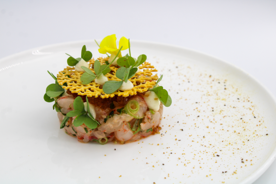 Tartare de crevettes décoré de verdure et d'une dentelle croustillante sur une assiette blanche.